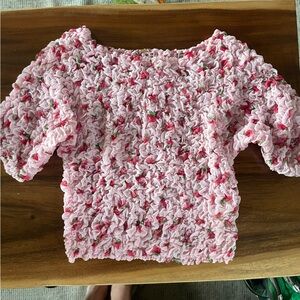 Free People Pink Ruffled Top with Floral Accents